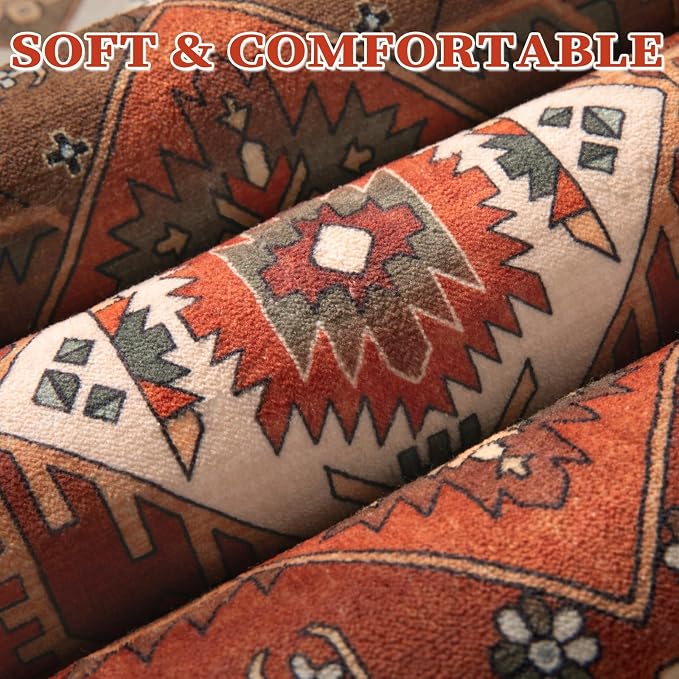 SERISSA Washable Rugs 8x10 Area Rugs, Large Non-Slip Boho Living Room Rug, Ultra Soft Oriental Vintage Terracotta Green Print Distressed Carpet for Dining Room Bedroom Dorm Office Home Decor