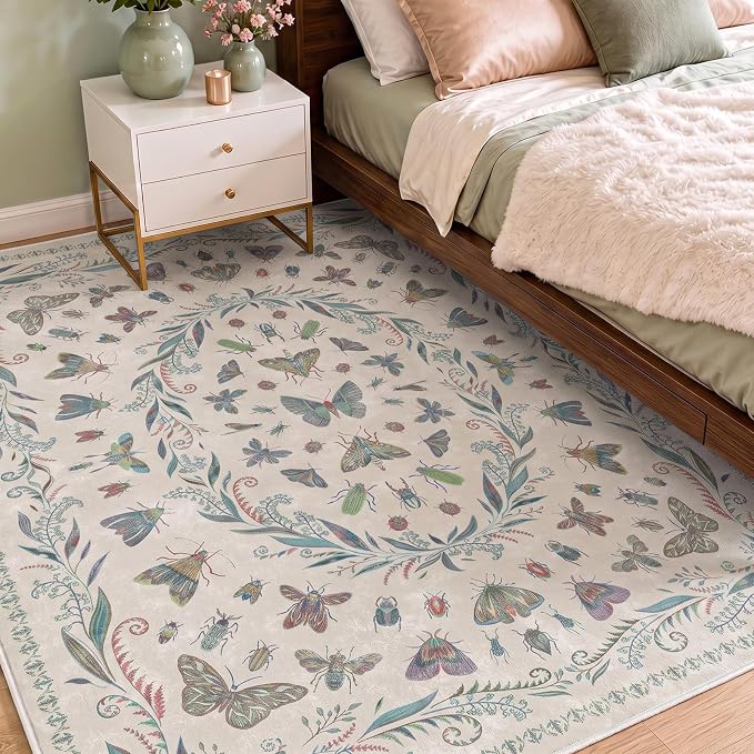 5x8 Beige and Green Nursery Rug - Colorful Rug for Playroom, Bedroom, Living Room, Insect Butterfly Floral Non-Slip Soft Carpet