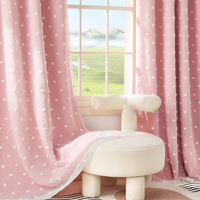 PONY DANCE Pink Curtains for Living Room 84 Inches Long, Thermal Insulated Room Darkening Curtains with Pom Pom Sheer, Double Layer Curtain for Girls Nursery Bedroom, 52W x 84L, Blush Pink, 2 Panels