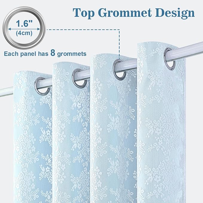 Yinhua Double Layer Blackout Curtains for Bedroom Blue Curtains for Living Room 63 Inch Length 2 Panels Set Kid Curtain with Tiebacks, Grommet Drapes with Floral Sheer Overlay, 52" W x 63" L