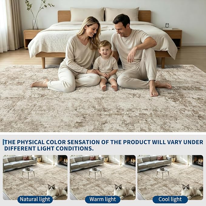 GarveeHome 9x12 Abstract Area Rug Neutral Washable Living Room Bedroom Rug | Soft Low Pile Non Slip Accent Rug for Living Room, Dining Room, Modern Neutral Beige Indoor Carpet