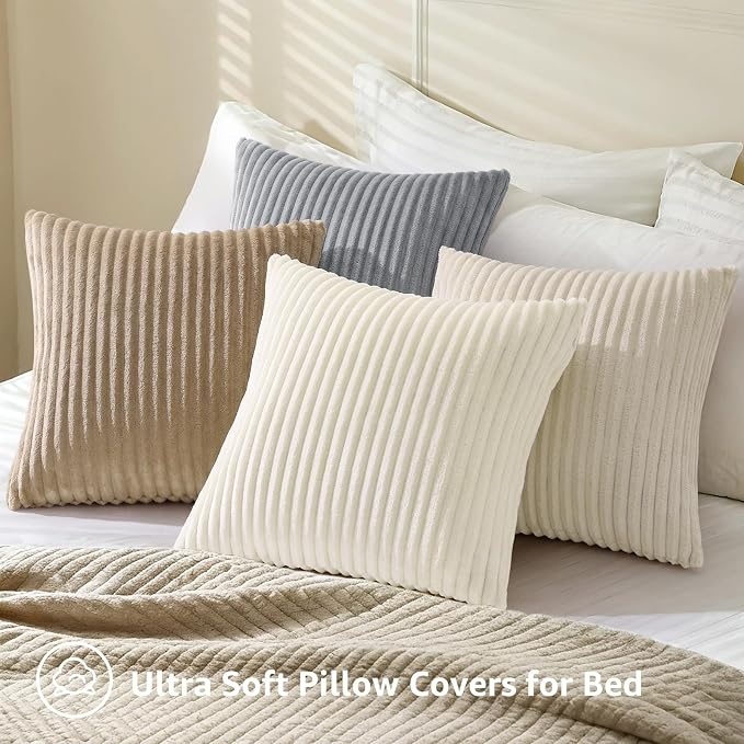 decorUhome Flannel Beige White Throw Pillow Covers 18X18 Set of 4 | Decorative Fall Soft Fluffy Striped Double-Sided Couch Pillow Covers, Modern Farmhouse Pillow Cases for Sofa bed Home Decor