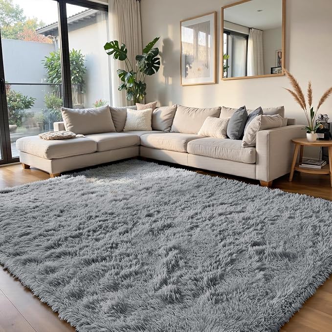 yongyangjuxin Fluffy Rug Shag Area Rug, Light Grey 8x10 Area Rugs for Living Room, Large Shag Area Rugs for Bedroom Room Home Decor, Upgrade Anti-Skid Rectangular Fuzzy Rugs