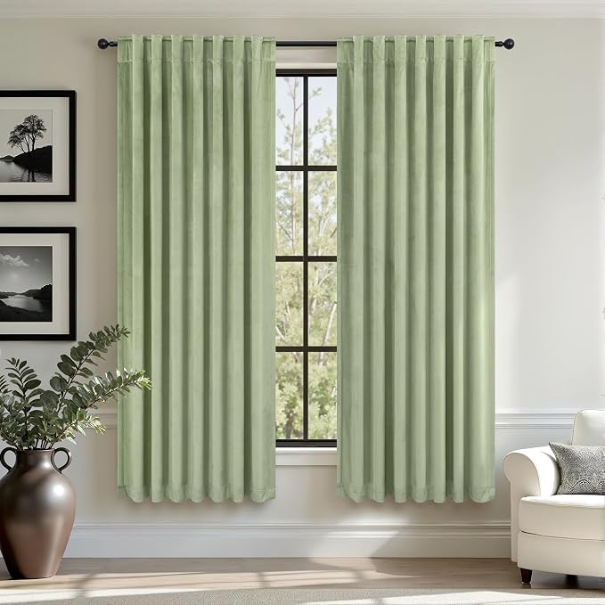 Sage Green Velvet Curtains 72 Inch Length for Mater Bedroom Boys Playroom Gamer Gaming Room Darkening Light Blocking Drape for Living Room Office Rustic Boho Vintage Luxury Home Decor Back Tab 2 Panel