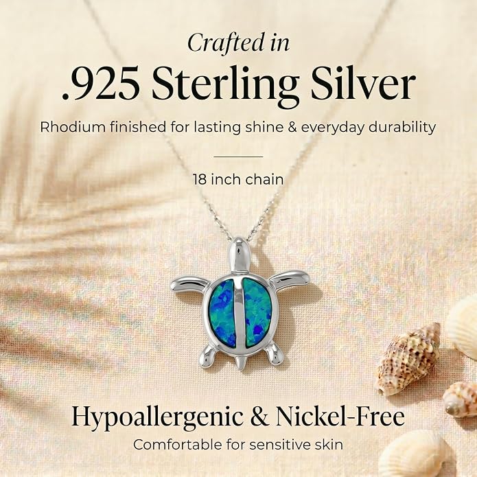 Created Blue Opal Ocean Necklace for Women, 925 Sterling Silver Pendant, 18 Inch Chain, Beach and Sea Life Jewelry Collection
