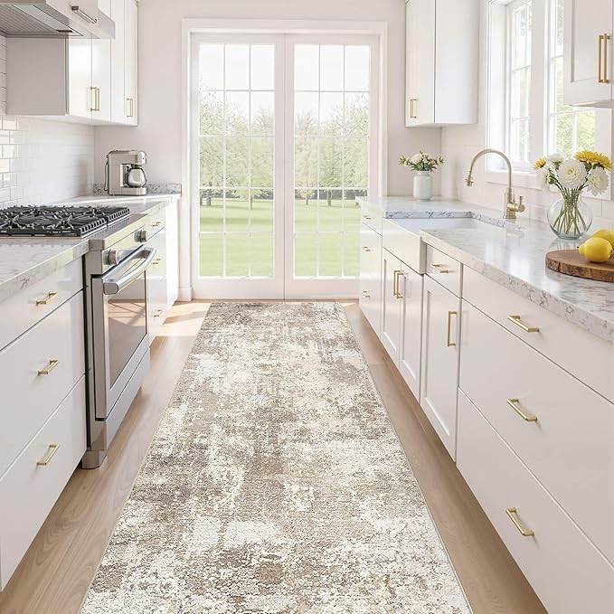 Runner Rug Kitchen Washable Rugs: 2x10 Non-Slip Abstract Soft Modern Stain Resistant Indoor Floor Neutral Accent Throw Carpet for Hallway Bathroom Laundry Room Entryway Bedroom- Beige Brown