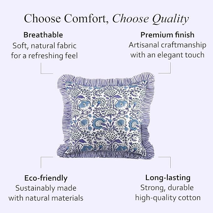 CPC Indigo Blue Ruffle Throw Pillow Covers for Couch, 18x18 Inch Cotton Stripe Ruffle Couch Pillows for Living Room, Hidden 14 Inch Zipper Boho Pillow Case or Cute Outdoor Pillows
