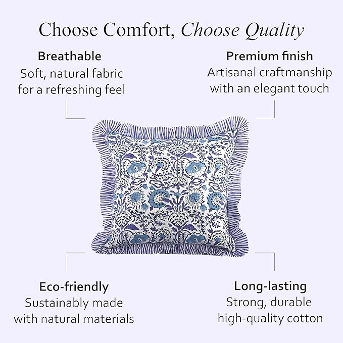 CPC Indigo Blue Ruffle Throw Pillow Covers for Couch, 20x20 Inch Cotton Stripe Ruffle Couch Pillows for Living Room, Hidden 16 Inch Zipper Boho Pillow Case or Cute Outdoor Pillows