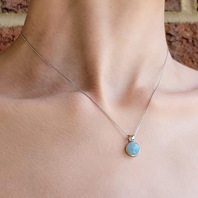 Natural gemstone 8mm round pendant with white gold over 925 sterling silver bezel cabochon plate and box chain, real genuine dainty birthstone gift for her, uniquelan jewelry