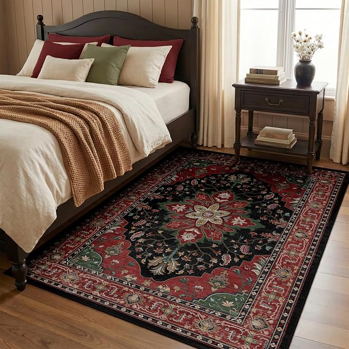 RELEANY Area Rugs 4'x5' Washable Non-Slip, Floral Vintage Distress Medallion Carpet for Living Room Bedroom Dining Room, Red Black