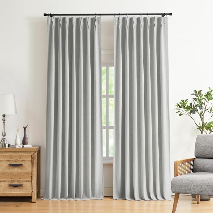 Vision Home Light Grey Pinch Pleated Full Blackout Curtains Linen Blended Room Darkening Curtain Panels 120 inch for Living Room Bedroom Thermal Insulated Pinch Pleat Drapes with Hooks 40" Wx120 Lx2