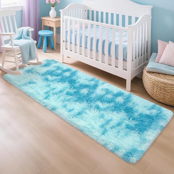 Light Blue Fluffy Rug for Bedroom Living Room, 2x6 ft Soft Sky Blue Bedroom Runner Rug for Bedside Kids Boys Room Hallway, Washable Fuzzy Kids Rugs Plush Shag Carpet for Nursery Dorm