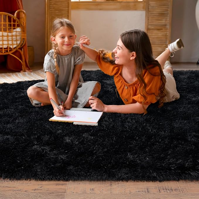 Dssimo Black Rug for Living Room Bedroom, 8x10 Soft Shaggy Thick Area Rugs | Large Plush Fluffy Upgrade Non-Slip Black Carpet for Nursery Kids Room Dorm Room Home Decor, Indoor Floor Carpet