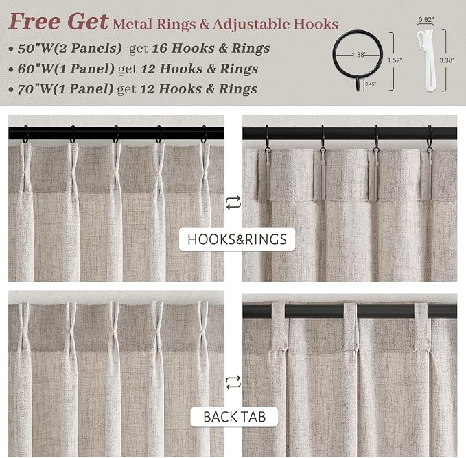 Memory Shape Pinch Pleated Curtains 102 Inches Long for Office Panels of 2, Greyish Brown Semi Sheer Natural Linen Textured Curtain Privacy Let Light in Classroom Heavy Drapes Windows Decor 50 Wx102 L