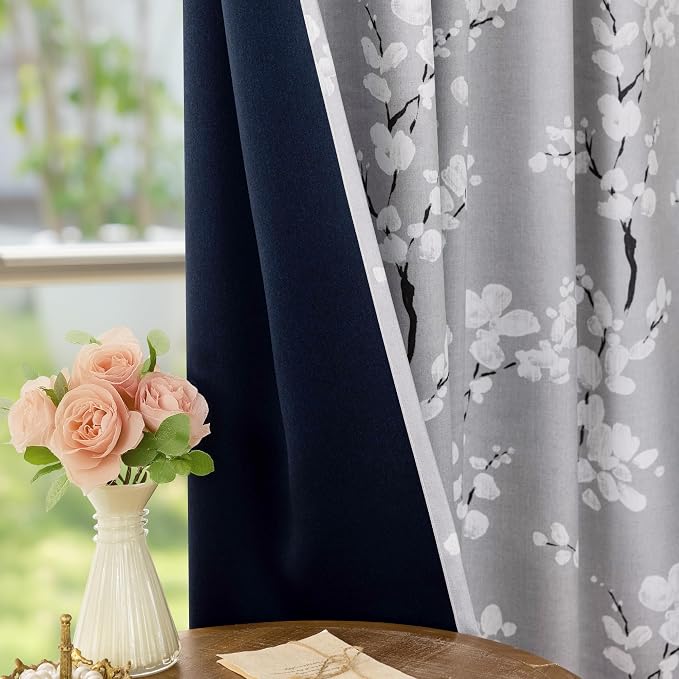 FMFUNCTEX 100% Blackout Grey Floral Curtains 84 Inch Long Grommet 2 Panels | Black Out Drapes, Thermal Insulated Cottage Farmhouse, Blossom Flower Patterned Curtain for Bedroom, Living Room Darkening