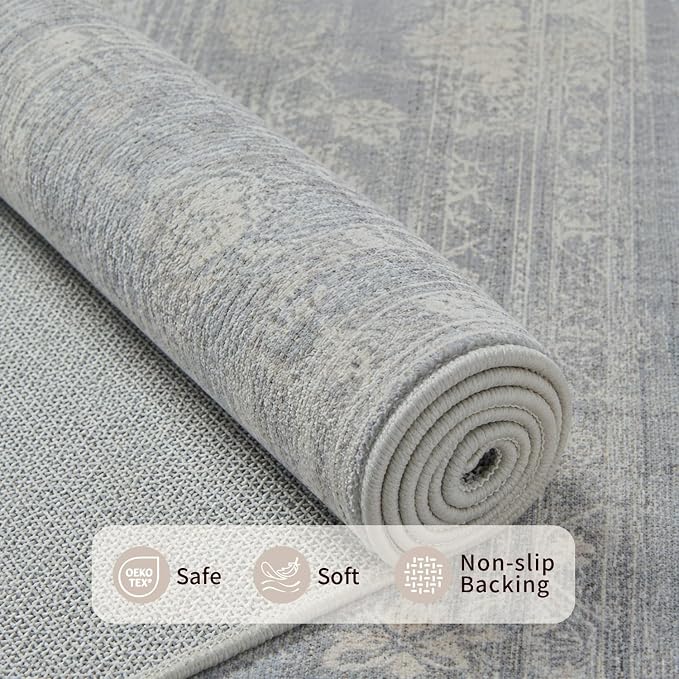 Rugxara 8x10 Area Rugs for Living Room Large Washable Rug, Blue/Beige | Non Slip, Rug for Dining Room Bedroom Office, Stain Resistant, Soft, Low Pile, Vintage Boho Retro Carpet, Washable,Home Decor