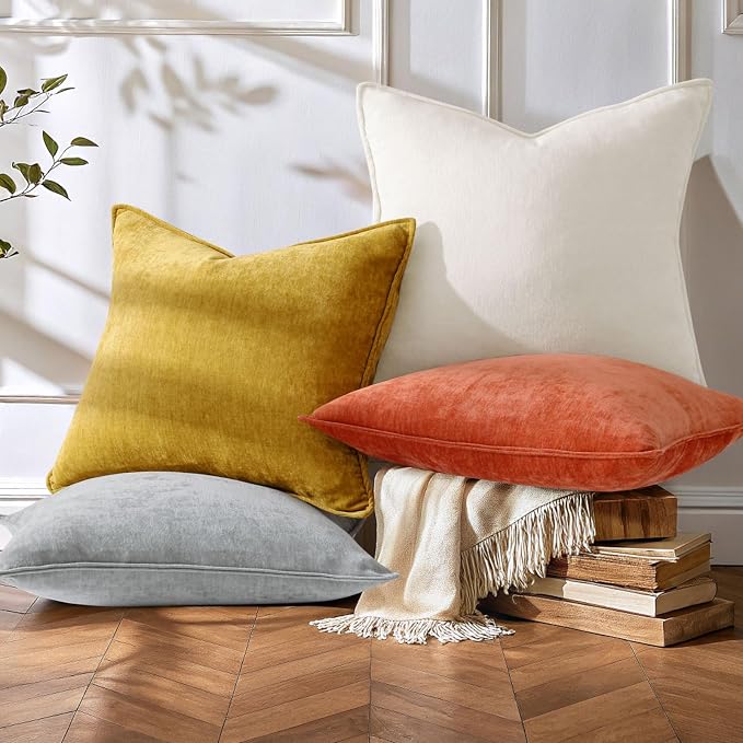 decorUhome Set of 4 Chenille Throw Pillow Covers 16x16(Cream/Rust) | Couch Decorative Soft Neutral Pillow Covers with Elegant Design for Living Room Bed Sofa