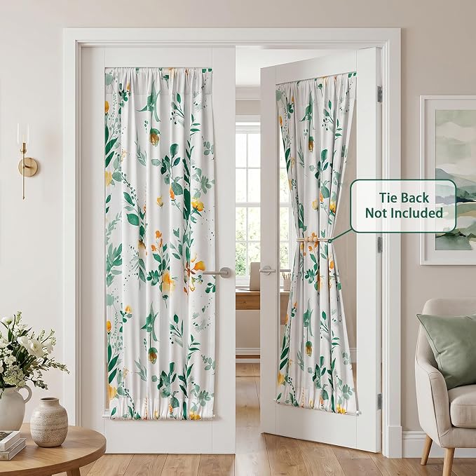 MYSKY HOME Floral French Door Curtains 72 inch Long Set of 2 Blackout Privacy Sidelight Door Window Drapes with Rod Pocket, Yellow and Green, 24" W Each Panel