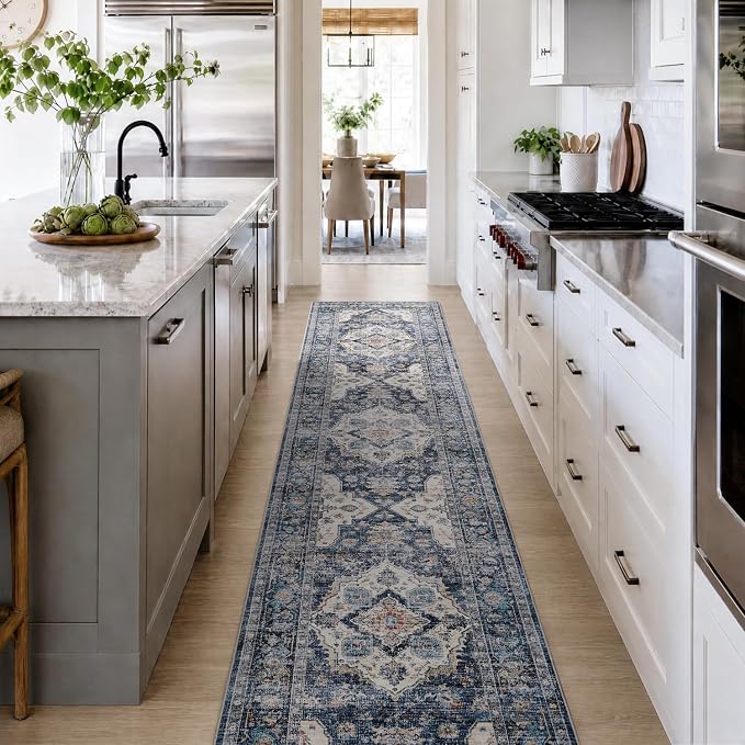 AMOAMI-2X10 Runner Rug-Washable Runners for Hallways-Soft Non Slip Bedside Rugs for Bedroom-Vintage Long Rug for Hallways Entryway Laundry Room Stair Kitchen Bathroom Blue