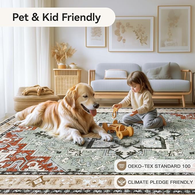 Lofus 5x7 Area Rugs for Living Room and Bedroom, Machine Washable Rug for Kitchen Office, Non Slip Low Pile Carpet, Vintage Boho Soft Carpets, Beige Orange