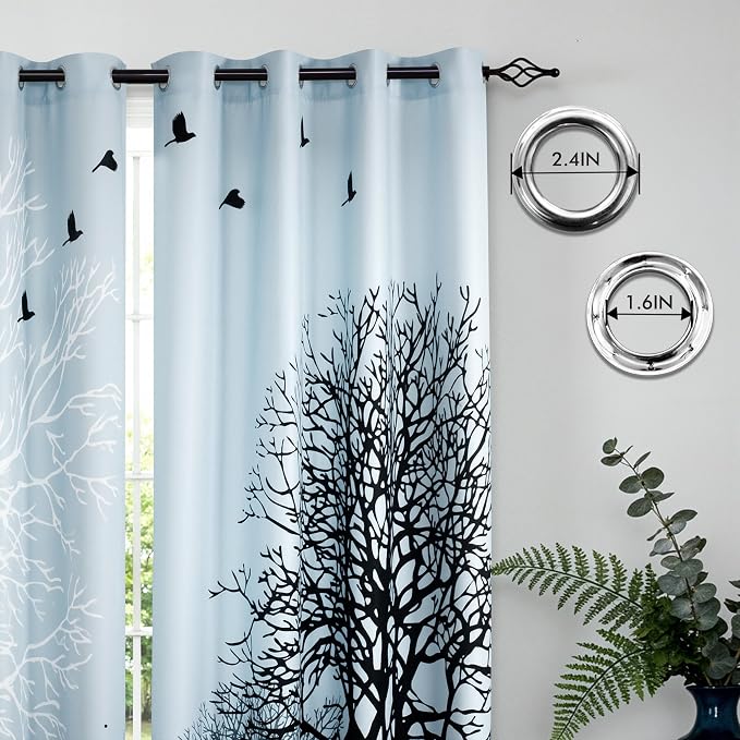 SUBRTEX Boho Leaf Printed Curtains 95 inch Long 2 Panels, Room Darkening Vibrant Floral Drapes, 50% Blackout Light Flitering Semi Sheer Farmhouse Curtains for Living Room, 52Wx95L, Light Blue Leaf