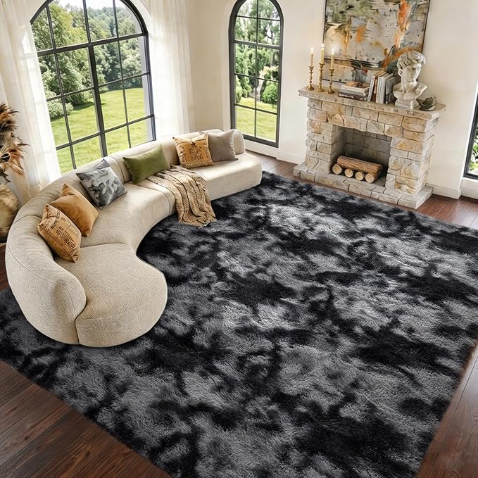 Extra Large 8x10 Area Rugs for Living Room Decor, Non-Slip Shaggy Tie-Dyed Rugs for Bedroom Kids Playroom Dorm Room, High Pile Ultra Soft Carpet, Dark Grey