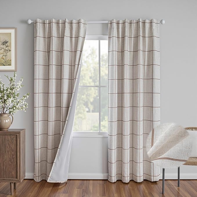 MYSKY HOME 100% Blackout Brown Plaid Linen Curtains 90 Inches Long Double Layer Farmhouse Thermal Insulated Checkered Patterned Drapes Rod Pocket Back Tab for Living Room Dining Room, 2 Pcs, W52