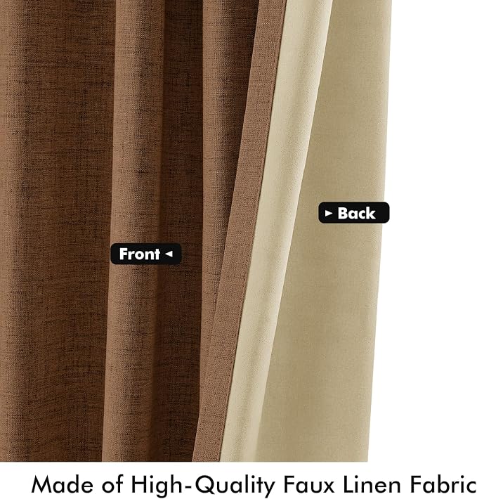 MIULEE 100% Blackout Linen Curtains for Bedroom 42 x 90 Inch Brown 2 Panels | Thermal Insulated, Room Darkening Drapes for Living Room, Back Tab Rod Pocket Pinch Pleated, Solid Luxury Decor