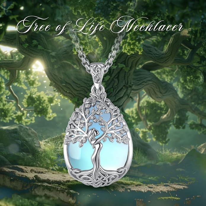 EUDORA Tree of Life Necklace with Moonstone Amethyst Obsidian Turquoise Healing Crystal for Women, Silver Plated Copper Mother Tree of Life Pendant Amulet Energy Jewelry, Gift for Women Mom, 20"+2"