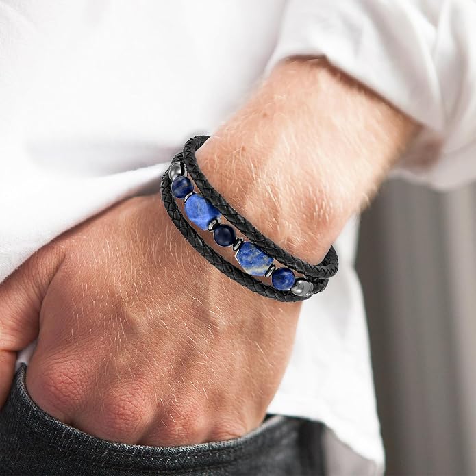 Mens Turquoise/Lapis Lazuli/Tiger Eye/Black Agate/Obsidian Leather Braided Bracelets for Father's Day/Birthdays/Graduation Jewelry Wristband Cuff Bracelet with Stainless Steel Clasp