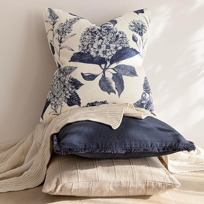 Foindtower Set of 2 Linen Floral Vintage Throw Pillow Covers Neutral Accent Print Decorative Cozy Cushion Covers Farmhouse Boho Home Decor for Sofa Chair Couch Bed Living Room,24×24 Inch,Navy Blue