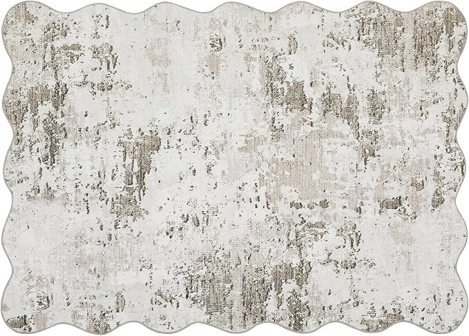 ROYHOME 9x12 Modern Abstract Scalloped Accent Rug Non Slip Stain Resistant Throw Rug Low Pile Machine Washable Indoor Floor Cover for Living Room Bedroom Office Home Decor, Taupe