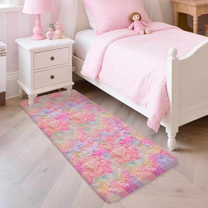 2x5 Feet Tie-Dye Rainbow Unicorn Rug for Girls Bedroom, Ultra Soft Shag Fluffy Runner for Bedroom, Colorful Area Carpet for Kids Room, Living Room, Kawaii Nursery Decor