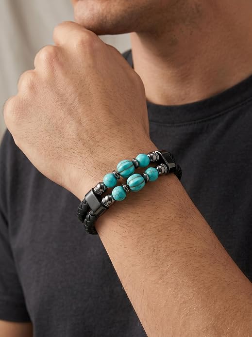 Black Braided Leather Bracelet for Men with Turquoise, Lapis Lazuli, Tiger Eye, Obsidian Stone Double-Row Wristband Beads with Stainless Steel Clasp Fashion Jewelry Gift for Him