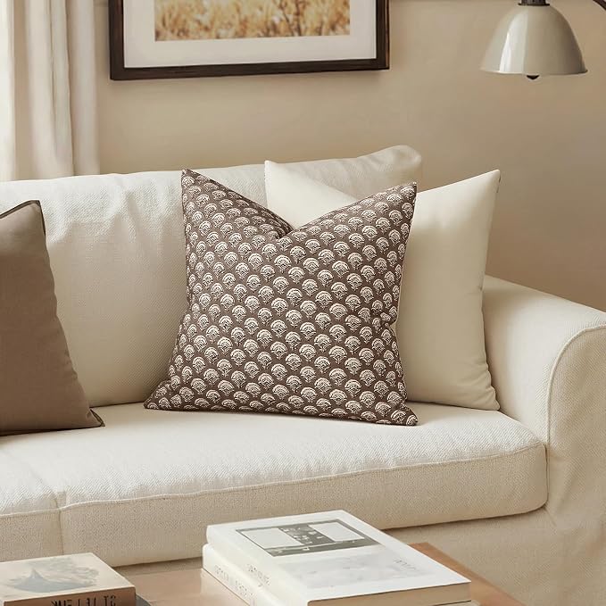 MIULEE Set of 2 Decorative Floral Throw Pillow Covers Neutral Vintage Fall Block Print Boho Farmhouse Cushion Covers for Modern Home Decor Couch Sofa Bed Living Room, 22x22 Inch, Chocolate Brown