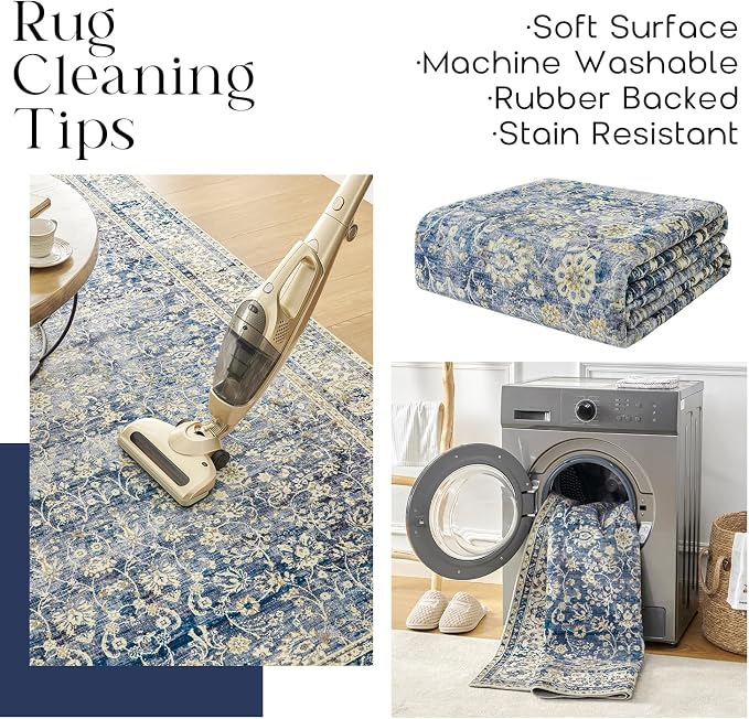 Large Area Rug for Living Room Vintage Blue Non Slip Washable Rugs 9x12 Neutral Boho Distressed Design Low Pile Stain Resistant Carpet for Bedroom Dining Room Office 9 x 12,Blue