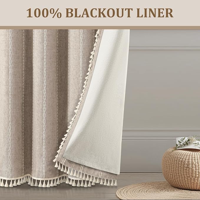 Khaki Brown Boho Blackout Curtains 2 Panels 84 Inch for Living Room Bedroom, Warm Taupe Linen Texture Farmhouse Curtains with Tassels and White Cotton Embroidery Vintage Rustic Country Western