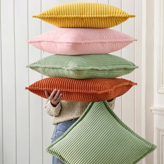 decorUhome Fall Corduroy Pink Throw Pillow Covers 18x18 Set of 2 | Couch Decorative Soft Modern Boho Farmhouse Pillow Covers Broadside Striped Pillow Cases for Living Room Bed Sofa