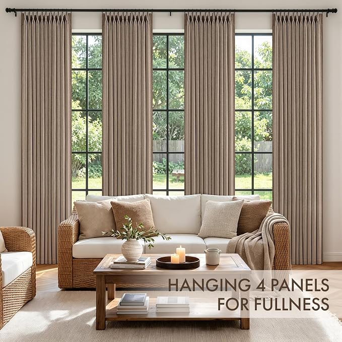MIULEE 4 Panels Set Pinch Pleated Linen Curtains 102 Inches Long for Living Room Bedroom, Thick Linen Drapes Pleat Back Tab Memory Trained Light Filtering Light Brown Window Curtains with Hooks