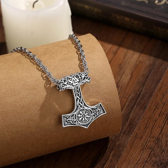 INFUSEU Mythology Pendant Necklaces for Men, Viking Norse Mjolnir Egyptian Anubis Ankh, 22-24 Inch Chain