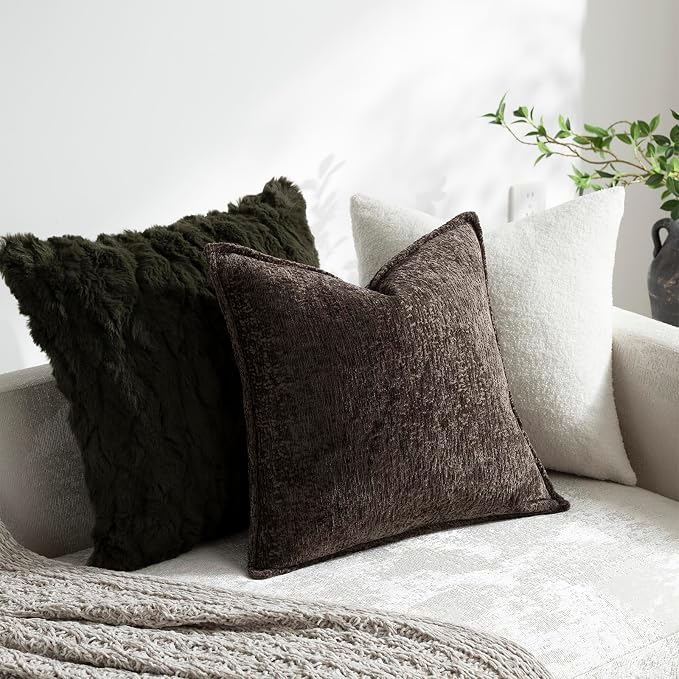 DEZENE Pack of 2 Chocolate Brown Decorative Throw Pillow Covers 18x18 Cozy Soft Chenille Accent Vintage Square Couch Pillow Covers for Home Decor Bed Sofa Living Room