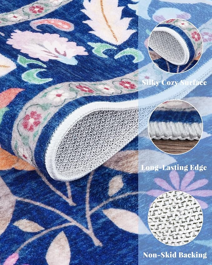 2x6 Blue Entryway Runner Rugs Washable Non Slip Runners for Hallway, Kitchen, Mudroom, Laundry Room, Stain Resistant Ultra Soft Non Skid, Nature Floral Design Indoor Decor