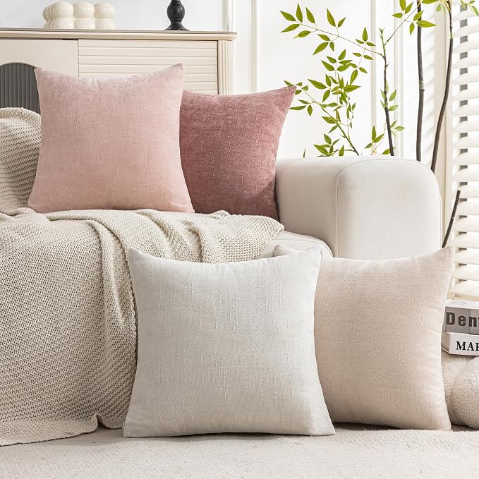 Set of 4 Soft Textured Decorative Throw Pillow Covers 24x24 Inch Cozy Farmhouse Cushion Cover Square Accent Pillow Cases for Bed Couch Sofa Living Room, White Beige Pink