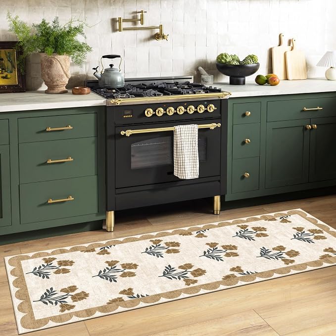 Non Slip Washable Kitchen Runner Rug - 2x6 Beige Floral Hallway Runner Rugs Soft Boho Runners for Hallways Vintage Farmhouse Scalloped Laundry Room Rug Floor Rugs for Bedroom Entryway Bathroom