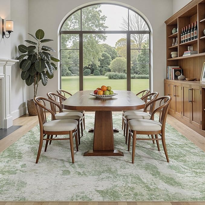 DMOYEST 6x9 Washable Area Rug: Abstract Modern Non-Slip Carpet, Soft Low Pile Indoor Neutral Easy Clean Floor Rugs for Living Room Bedroom Dining Room Kids & Pets - Green