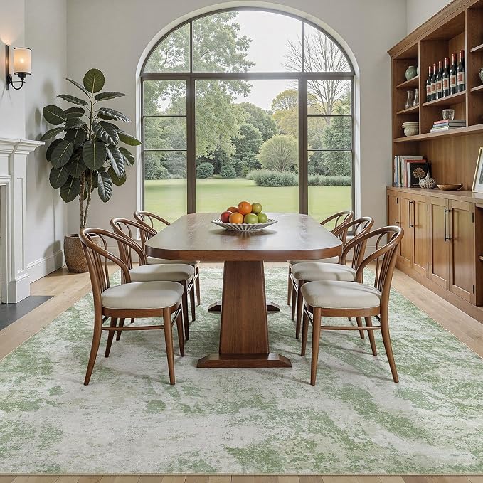 DMOYEST 8x11 Washable Area Rug: Abstract Modern Non-Slip Carpet, Soft Low Pile Indoor Neutral Easy Clean Floor Rugs for Living Room Bedroom Dining Room Kids & Pets - Green