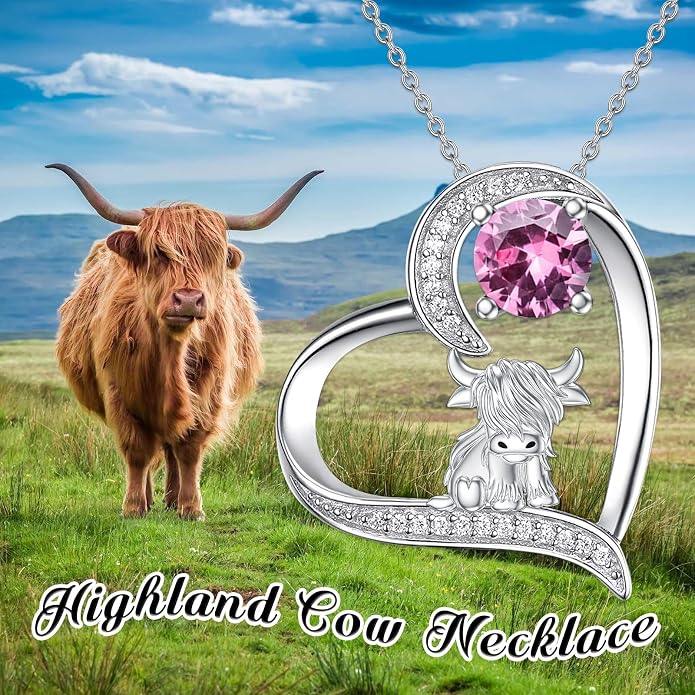 Highland Cow Gifts for Women 925 Sterling Silver Highland Cow Birthstone Necklace Fluffy Cow Jewelry Gifts Birthday Christmas