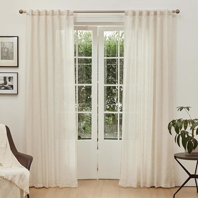 MYSKY HOME Linen Curtains for Living Room, Natural Semi Sheer Curtains & Drapes 80 inches Length 2 Panels Set Farmhouse Country Boho Style Back Tab Draperies for Sliding Glass Door, 50" Wide, Linen