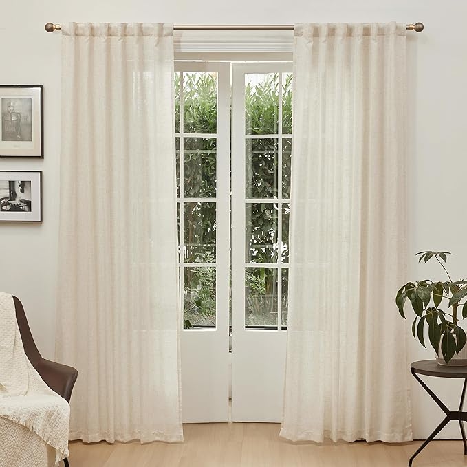MYSKY HOME Linen Curtains for Living Room, Natural Semi Sheer Curtains & Drapes 84 inches Length 2 Panels Set Farmhouse Country Boho Style Back Tab Draperies for Sliding Glass Door, 50" Wide, Linen