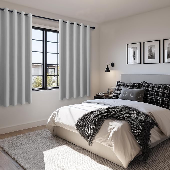Hiasan Blackout Curtains for Bedroom, 60 x 63 Inches Length - Thermal Insulated & Light Blocking Window Curtains for Living Room, 2 Drape Panels Sewn with Tiebacks, Silver Grey